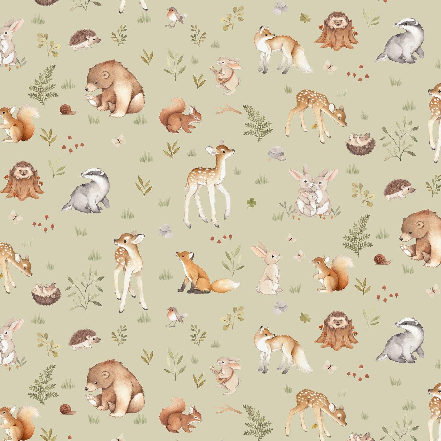 Forest Stories Woodland Cotton fabric- - 100% Cotton - Continuous cuts- Deer Bear Bird Bunny DS-Little Forest DNS2310 Laurel - Greenwood