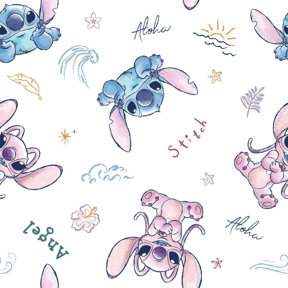 LILO and Stitch & Angel Sketch Cotton fabric- 100% Cotton - continuous cuts! Licensed Fabric