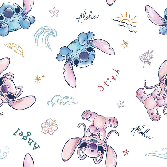 LILO and Stitch & Angel Sketch Cotton fabric- 100% Cotton - continuous cuts! Licensed Fabric