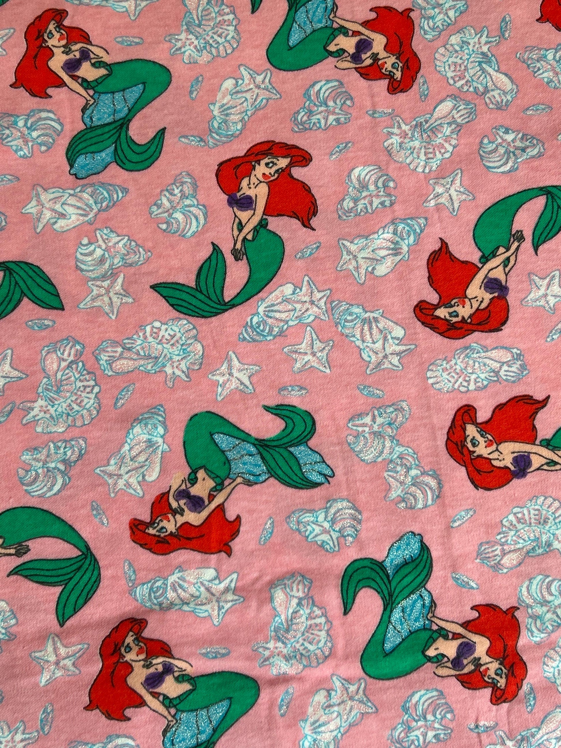 Vintage Ariel The Little Mermaid Fabric- Jersey Knit material - continuous cuts - Glitter Accent Licensed Fabric
