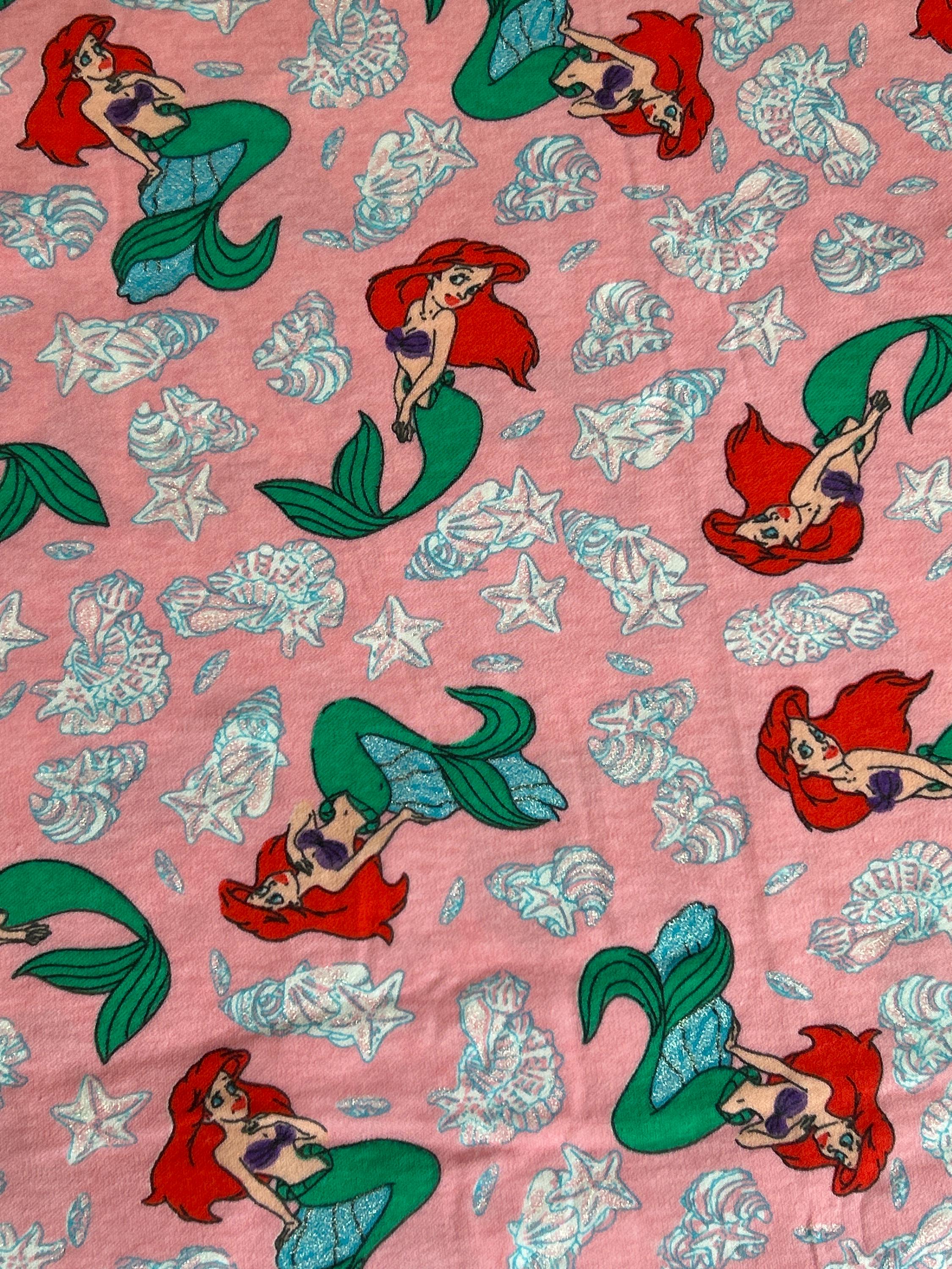 Vintage Ariel The Little Mermaid Fabric- Jersey Knit material - continuous cuts - Glitter Accent Licensed Fabric