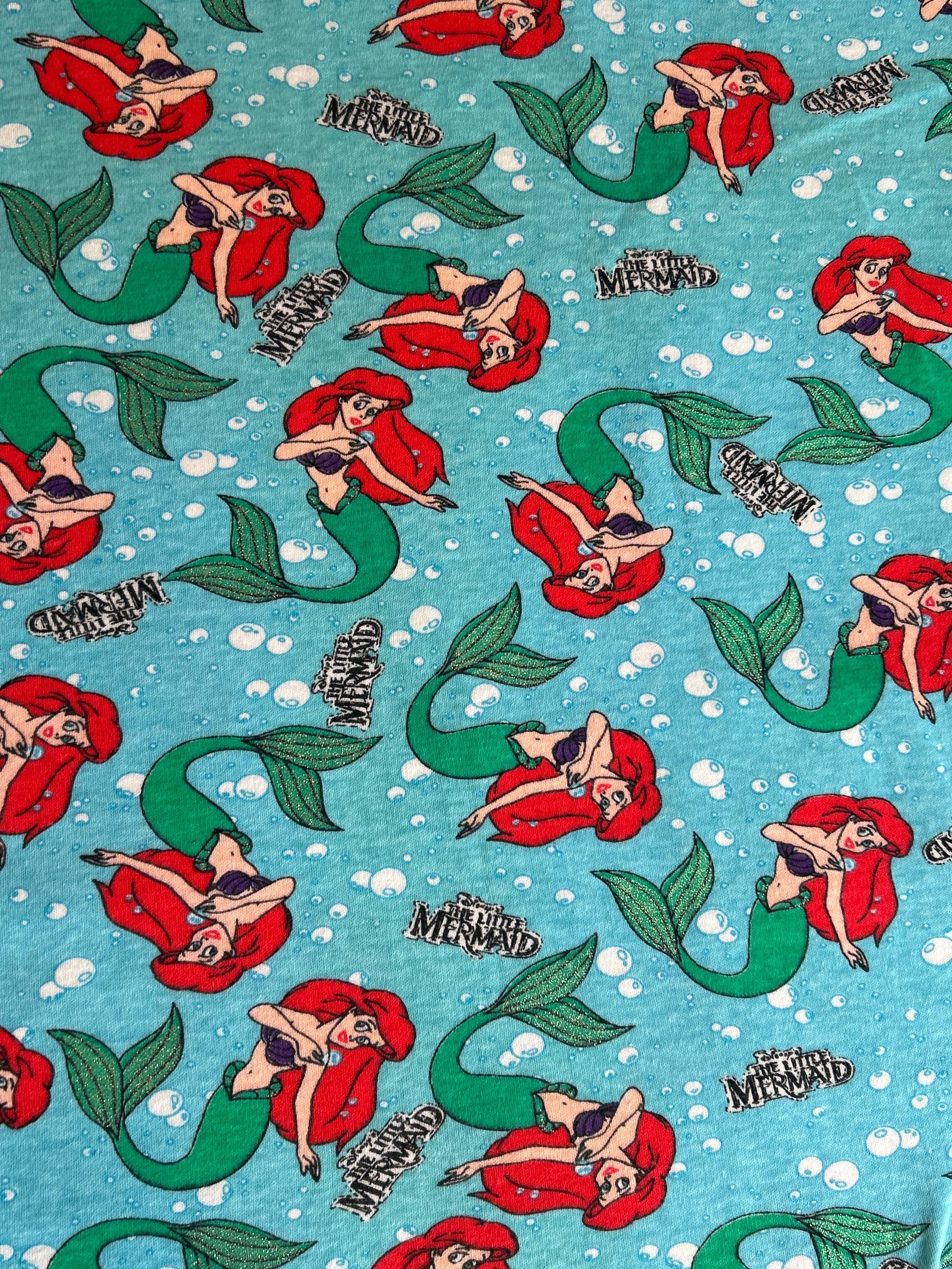 Vintage Ariel The Little Mermaid Fabric- Jersey Knit material - continuous cuts - Glitter Accent Licensed Fabric