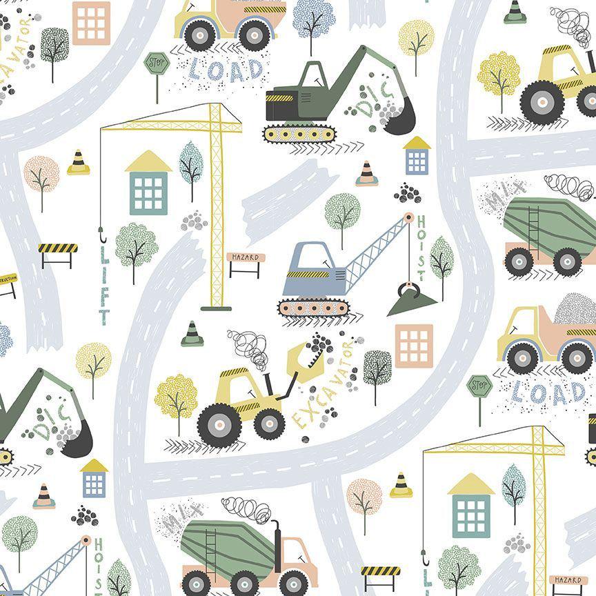 Dig it Contstruction Fabric 100% Cotton DS-Dig It - Stella D2980 White - Dig It