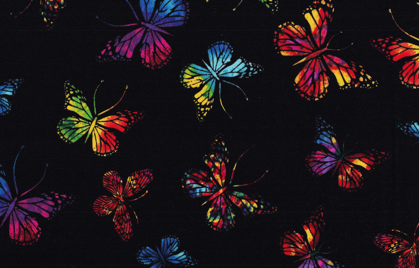Vibrant Butterflies on Black- 100% Cotton- continuous cuts Hi Fashion
