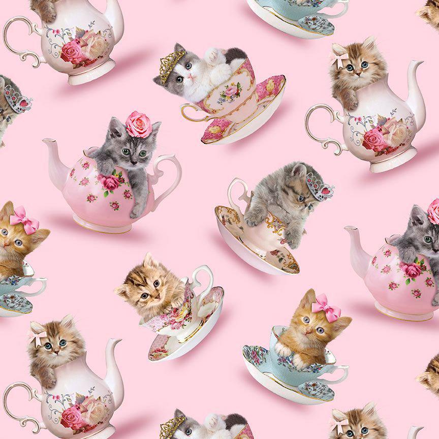 Teacup Cats Cotton Fabric - 100% Cotton - continuous cuts TT-Cat CD3578 Pink - Teacup Cats