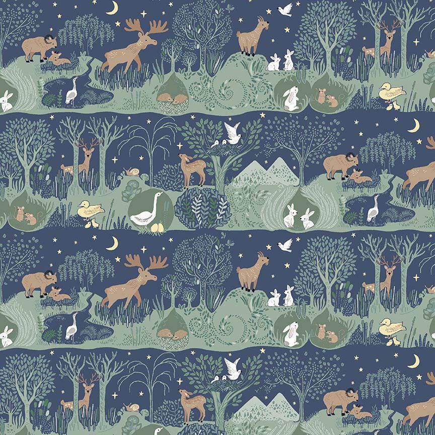 Forest Fable Dear Stella -D3153 Patriot Woodland Cotton fabric- - 100% Cotton - Continuous cuts- Elk Moose Bunny Bird Mouse Ducklings