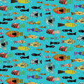 Multi Fish on Turquoise Cotton fabric- continuous cuts- fast shipping! BF-Frogtastic 13392-84