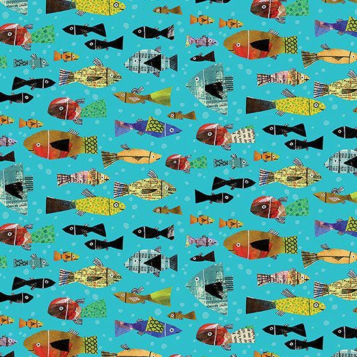 Multi Fish on Turquoise Cotton fabric- continuous cuts- fast shipping! BF-Frogtastic 13392-84
