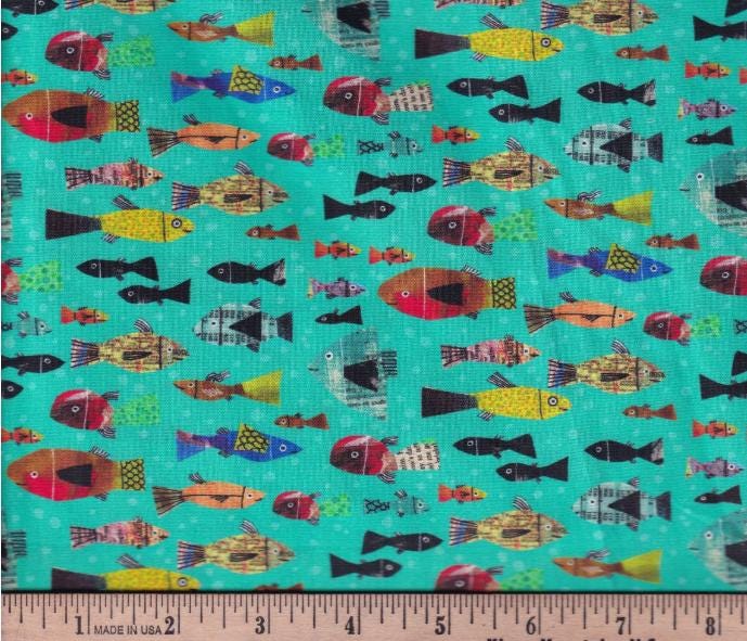 Multi Fish on Turquoise Cotton fabric- continuous cuts- fast shipping! BF-Frogtastic 13392-84
