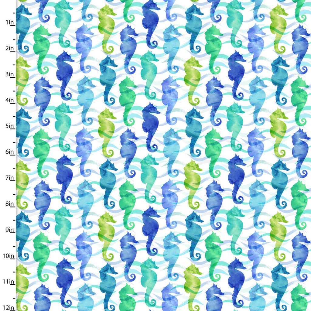 Sea Horsing Around 3 Wishes 100% Cotton Fabric, continuous cuts 3W-Sandsational 22935 White - Sea Horsing Around