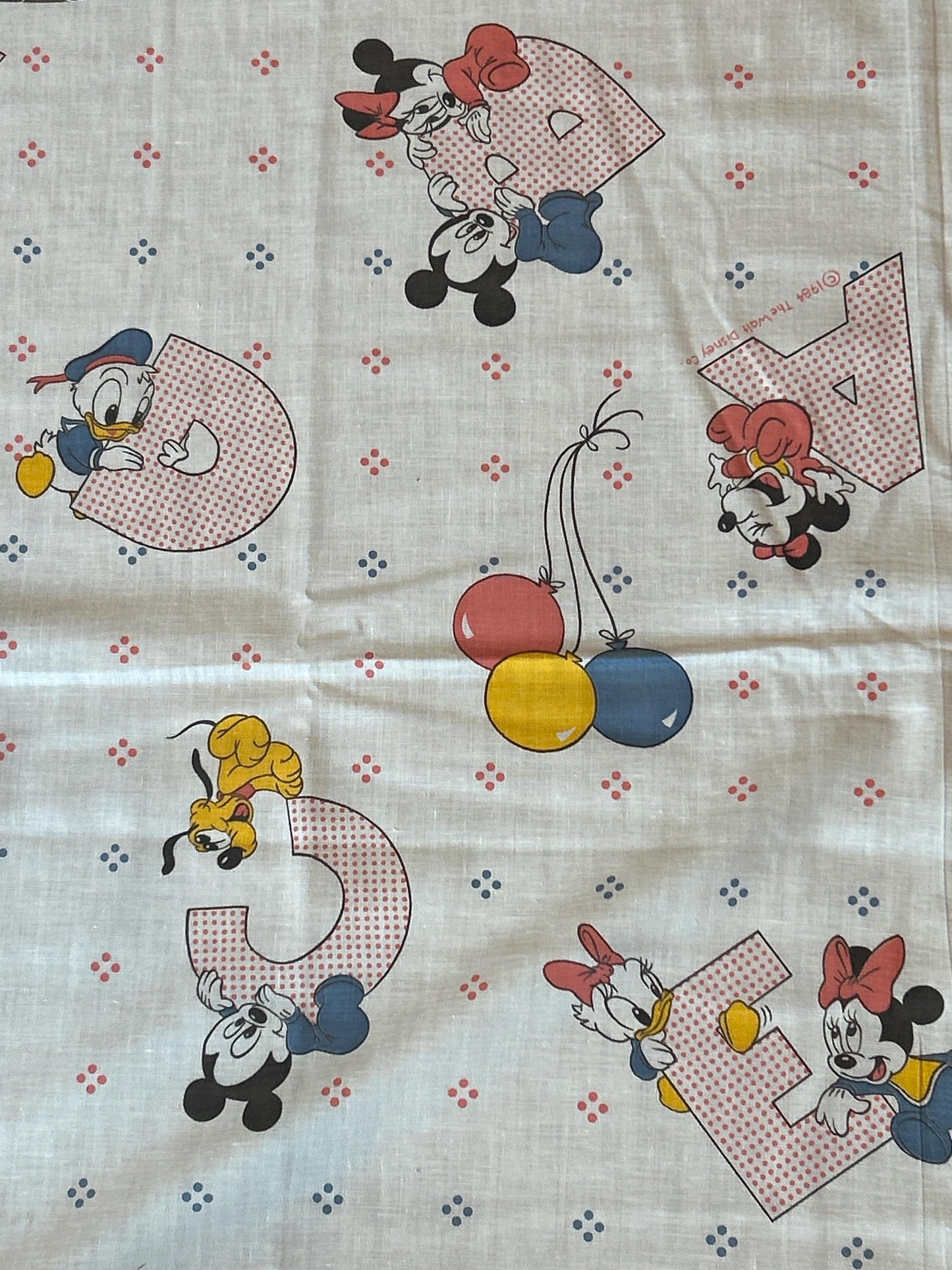 Vintage Disney 1984 Baby Mickey Mouse ABCs cotton fabric - Fat Quarter - 100% Cotton - by the 1/2 yard -Thin Ligjtweight Cotton