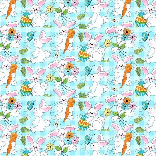 Easter Bunnies on Blue Plaid Fabric-  100% Cotton Continuous Cuts- Fabric Traditions FAT17922-B