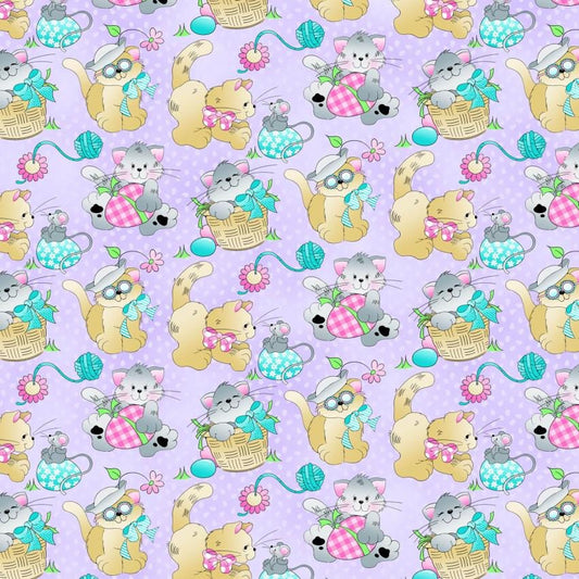 Easter Cats on Purple Dot Fabric-  100% Cotton Continuous Cuts Fabric Traditions FAT18603-LV