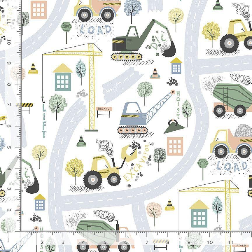 Dig it Contstruction Fabric 100% Cotton DS-Dig It - Stella D2980 White - Dig It