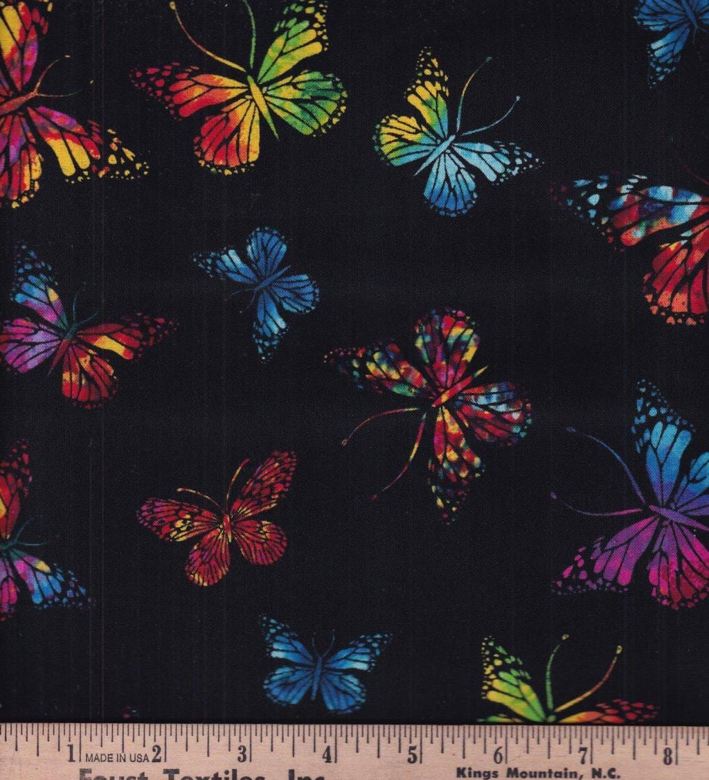 Vibrant Butterflies on Black- 100% Cotton- continuous cuts Hi Fashion