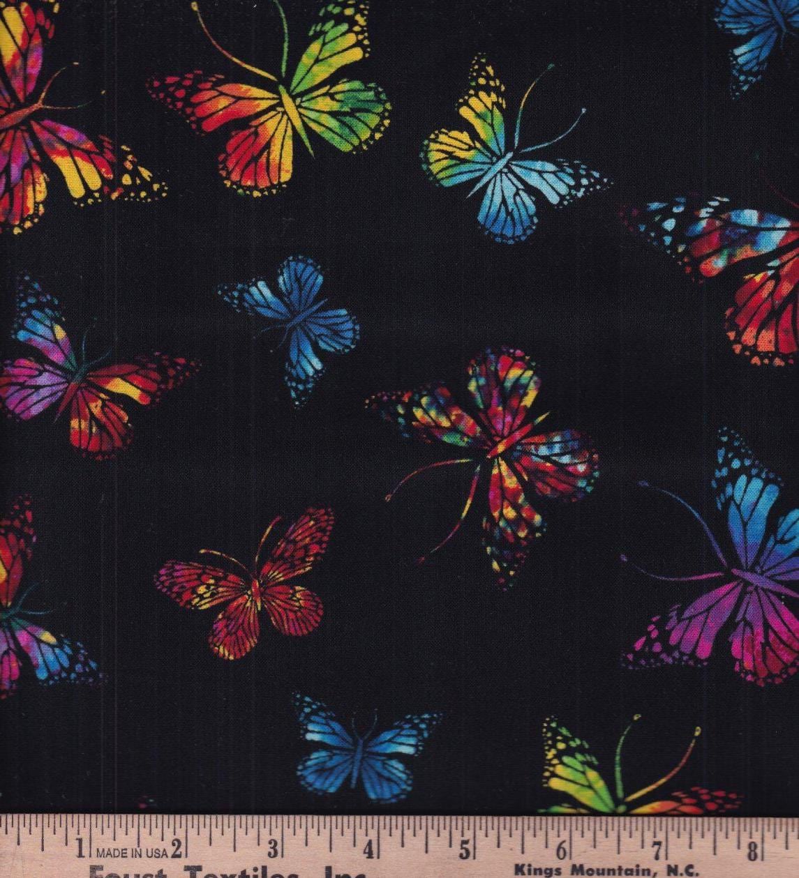 Vibrant Butterflies on Black- 100% Cotton- continuous cuts Hi Fashion