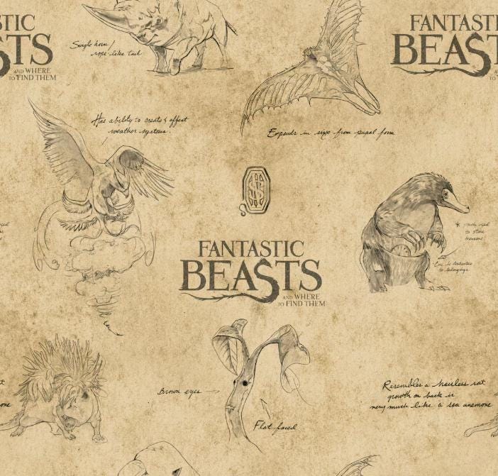 Fantastic Beasts™ Logo & Creatures Tan Cotton Fabric - Camelot Cotton fabric- 100% Cotton - Licensed Fabric