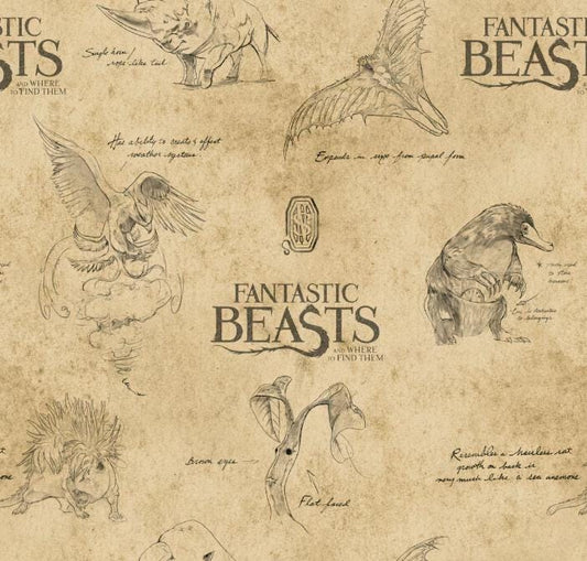 Fantastic Beasts™ Logo & Creatures Tan Cotton Fabric - Camelot Cotton fabric- 100% Cotton - Licensed Fabric