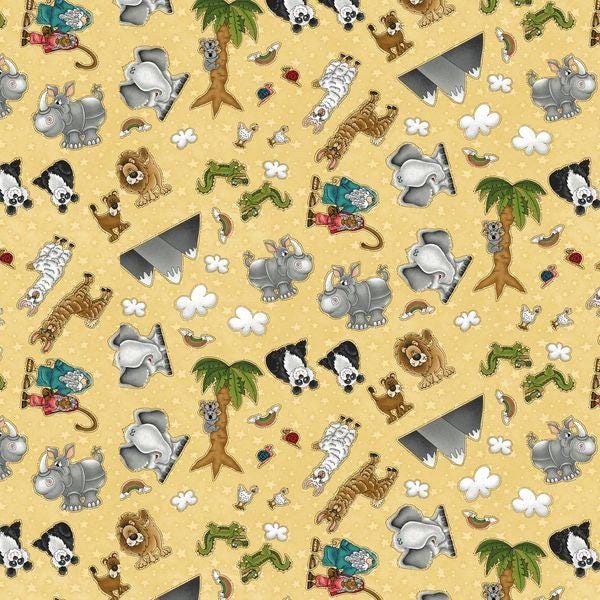 Henry Glass Fabric -Two by Two 1758-33 Butter - Noah and Animals 100% Cotton Continuous cuts