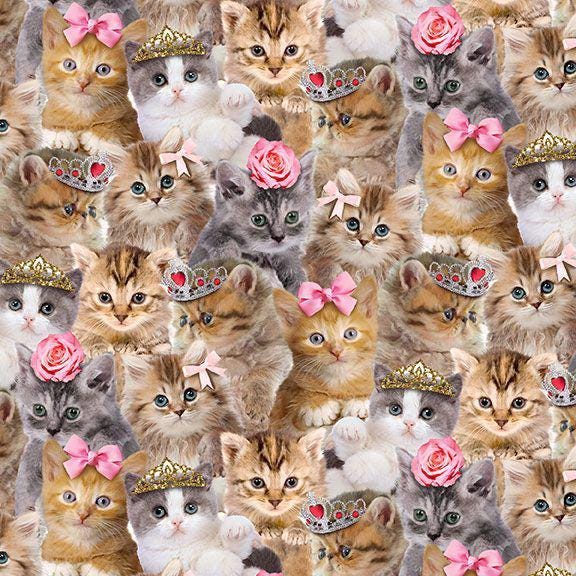 Packed Princess Kitty Cotton Fabric 100% Cotton - Fabric - continuous cuts TT-Cat CD3579 Natural