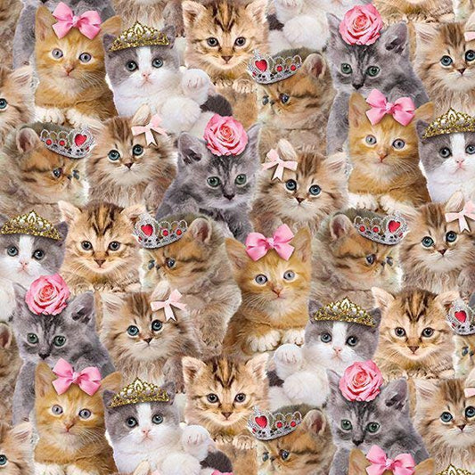 Packed Princess Kitty Cotton Fabric 100% Cotton - Fabric - continuous cuts TT-Cat CD3579 Natural
