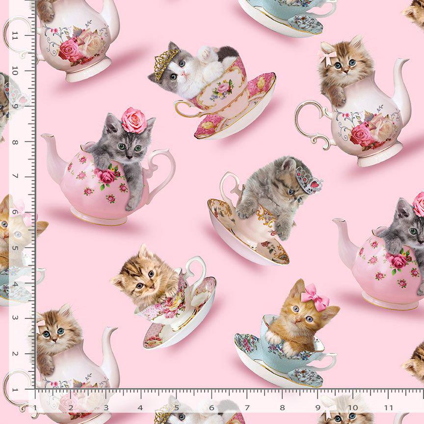 Teacup Cats Cotton Fabric - 100% Cotton - continuous cuts TT-Cat CD3578 Pink - Teacup Cats