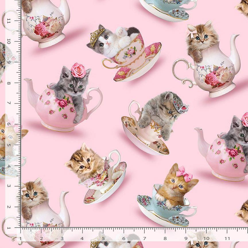 Teacup Cats Cotton Fabric - 100% Cotton - continuous cuts TT-Cat CD3578 Pink - Teacup Cats