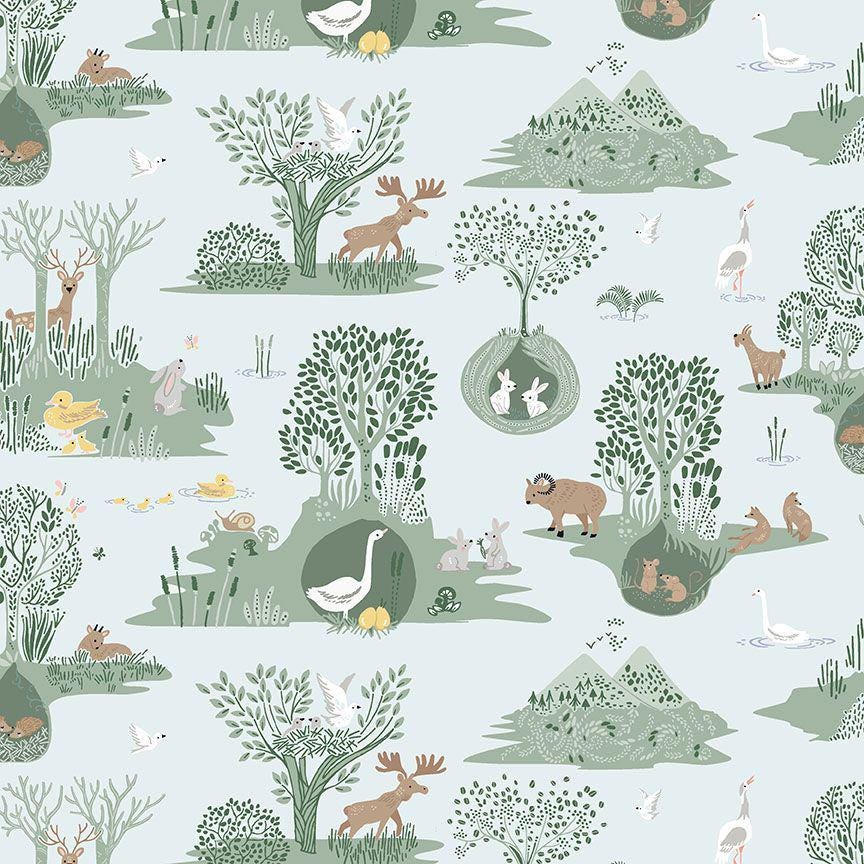 Forest Toile  Dear Stella -D3160 Woodland Cotton fabric- - 100% Cotton - Continuous cuts- Elk Moose Bunny Bird Mouse Ducklings Fox
