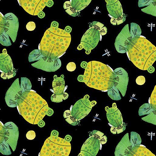 Frogtastic Cotton fabric- continuous cuts- 100% Cotton- frogs -Tossed Frogs Benartex Fabrics BF-Frogtastic 13388-12 Black - Frogs