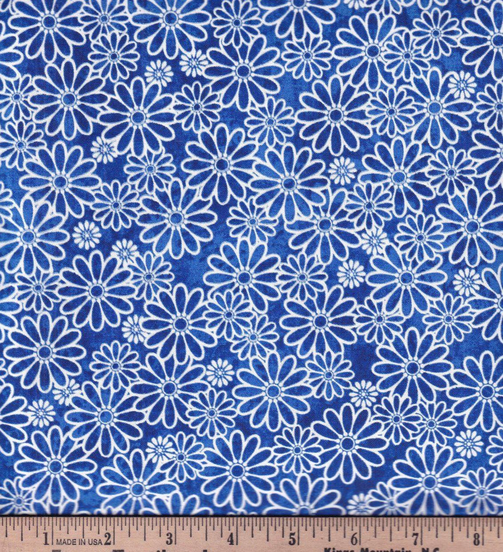 Keepsake Calico 13919-B1 Blue - Sun Drenched Daisies 100% Cotton Fabric Continuous Cuts