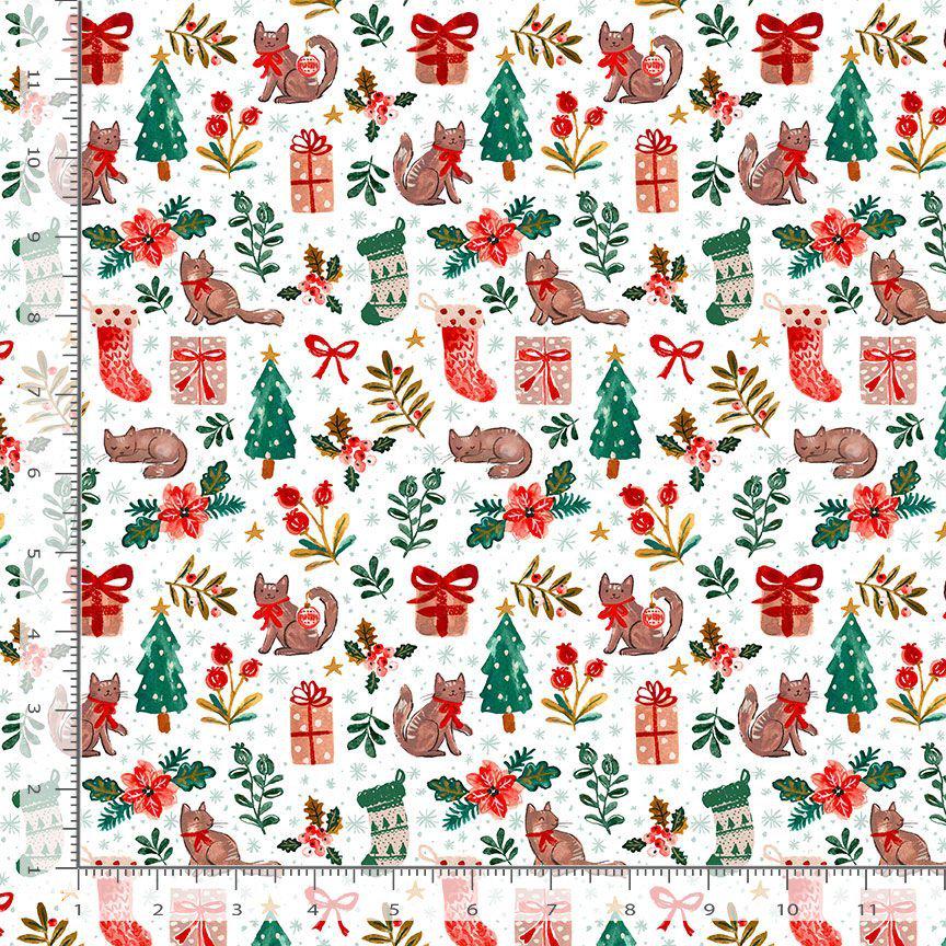 Baby, It's Cold Outside Cat Christmas 100% Cotton Fabric - Stella DCJ3151  White - 'Tis the Season