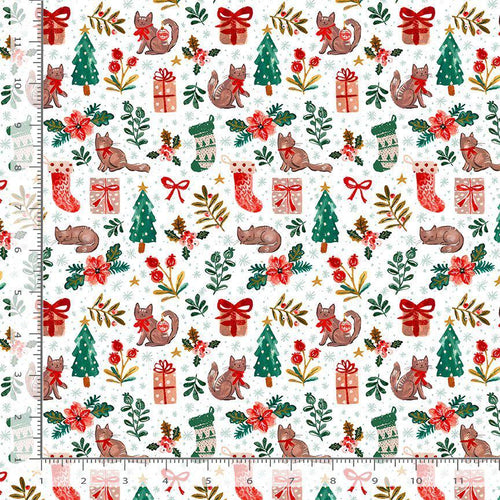 Baby, It's Cold Outside Cat Christmas 100% Cotton Fabric - Stella DCJ3151 White - 'Tis the Season