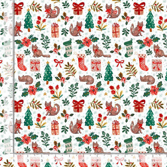Baby, It's Cold Outside Cat Christmas 100% Cotton Fabric - Stella DCJ3151  White - 'Tis the Season
