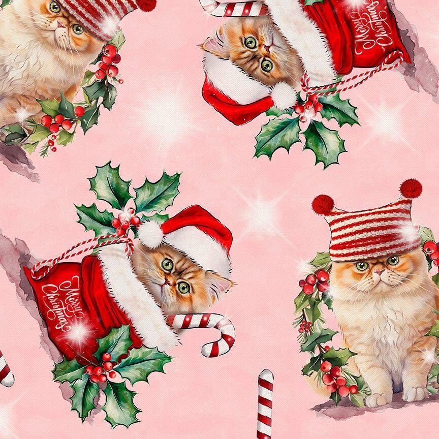 Pink Holiday Cats 100% Cotton Continuous Cuts - TT-Holiday CD3646 Pink - Holiday Cats