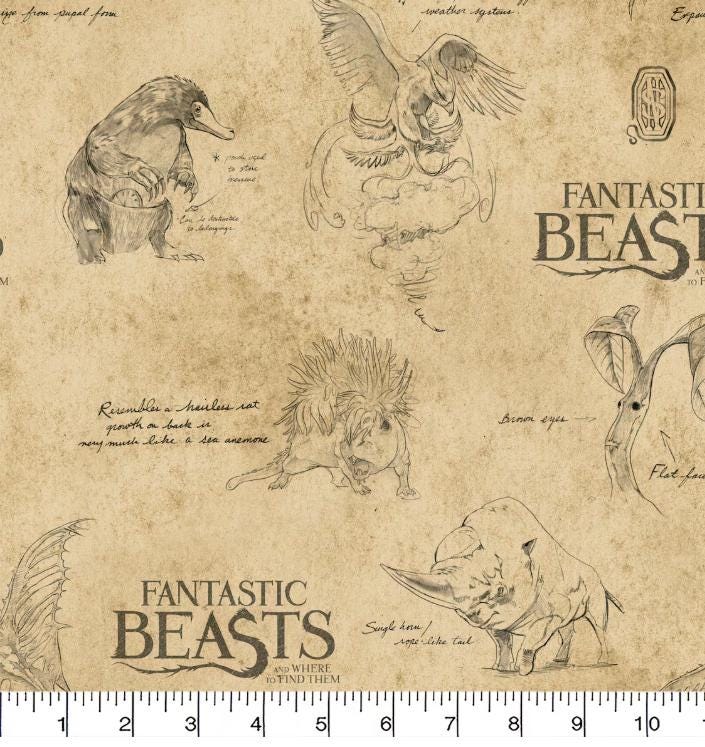 Fantastic Beasts™ Logo & Creatures Tan Cotton Fabric - Camelot Cotton fabric- 100% Cotton - Licensed Fabric