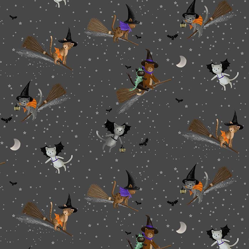 Purranormal - Dear Stella D3124 Charcoal - Meowgical Cotton Fabric- Halloween Fabric - 100% Cotton - Continuous cuts