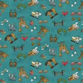 Henry Glass Fabric - Two by Two 1757-77 Teal - Tossed Characters 100% Cotton Continuous cuts
