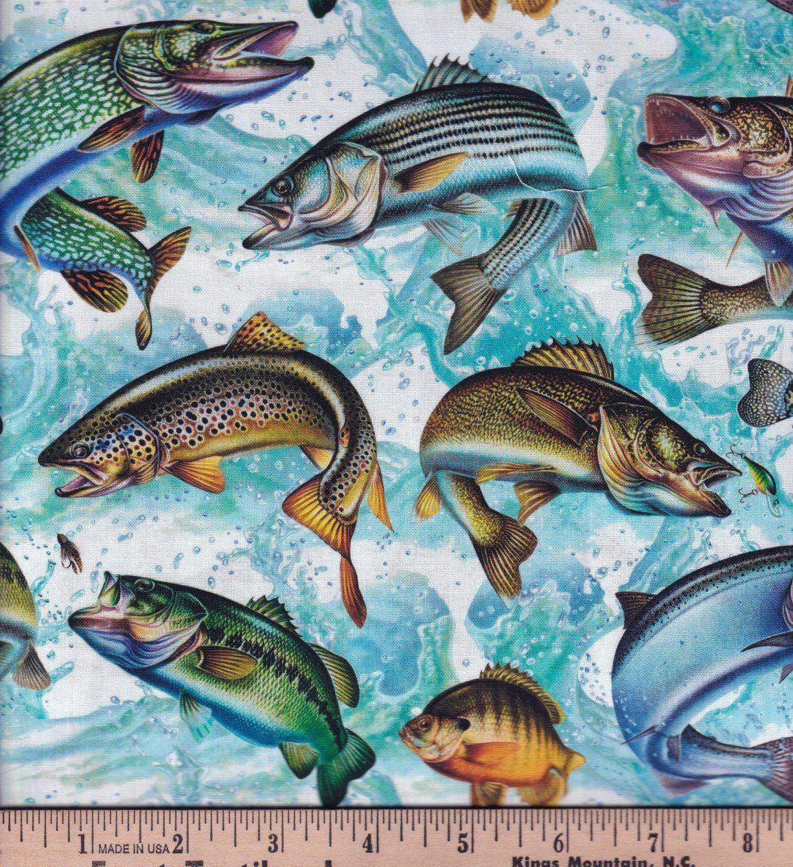 Freshwater Fish 100% Cotton fabric-  continuous cuts- fast shipping! David Textiles JQ-0054-9C-2 Freshwater Fish - Fish Activity