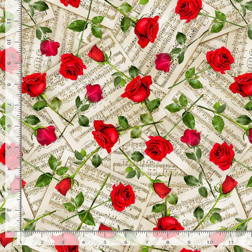 Roses on Music Sheets 100% Cotton Fabric - Timeless Treasures - Continuous Cuts TT-Music CM3240 Beige - Roses on Music Sheets