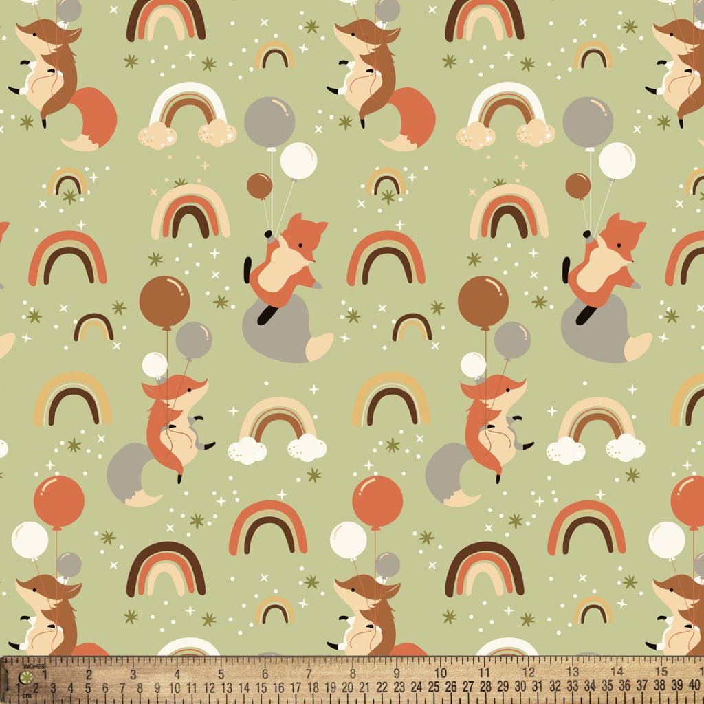 Flannel- Fox & Rainbow Flannel fabric - continuous cuts! DT-Fantastic Flannel DX-2626-4F-2 Green - Foxes and Rainbows