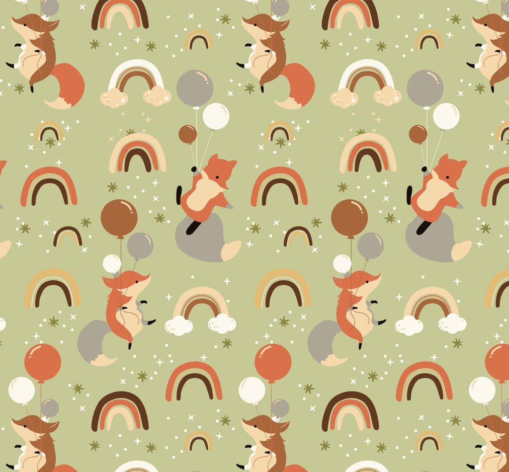 Flannel- Fox & Rainbow Flannel fabric - continuous cuts! DT-Fantastic Flannel DX-2626-4F-2 Green - Foxes and Rainbows