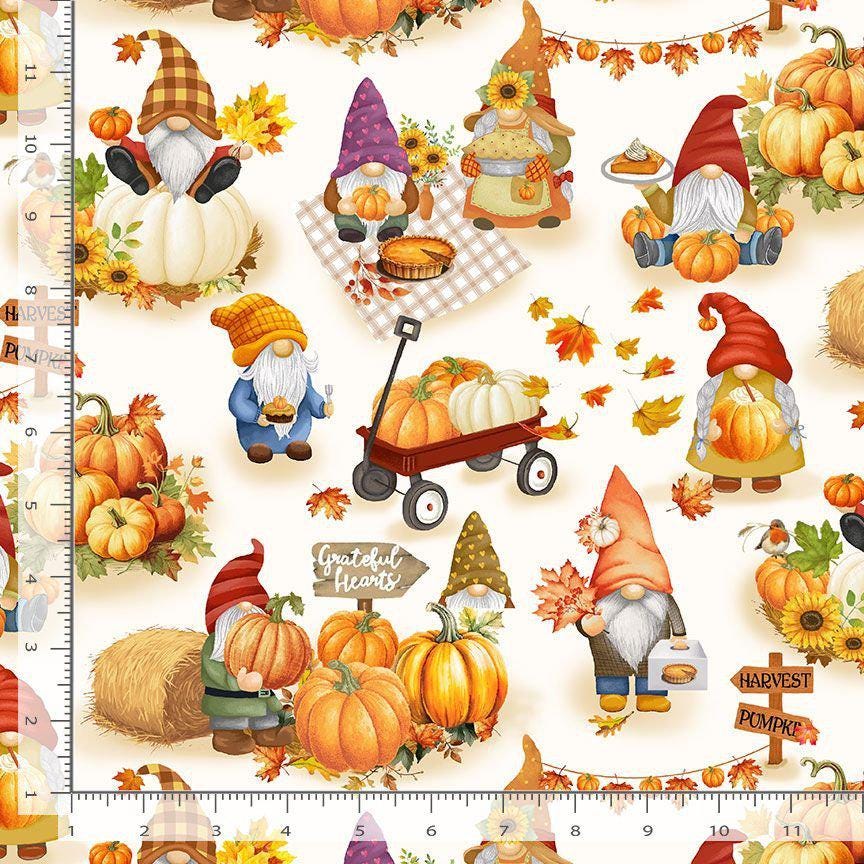 100% Cotton Fabric - Autumn - Fall Gnomes- By the 1/2 Yard  Continuous Cuts - Autumn - Fall - Gnomes - TT-Harvest CD3555