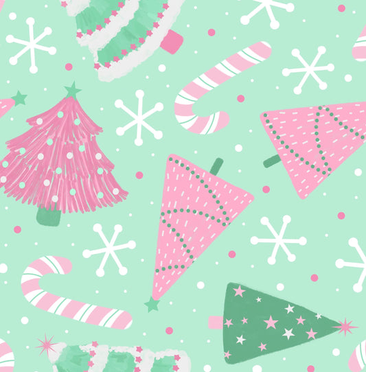 Green & Pink Wonderland Christmas Cotton fabric-  100% Cotton - Continuous Cuts -