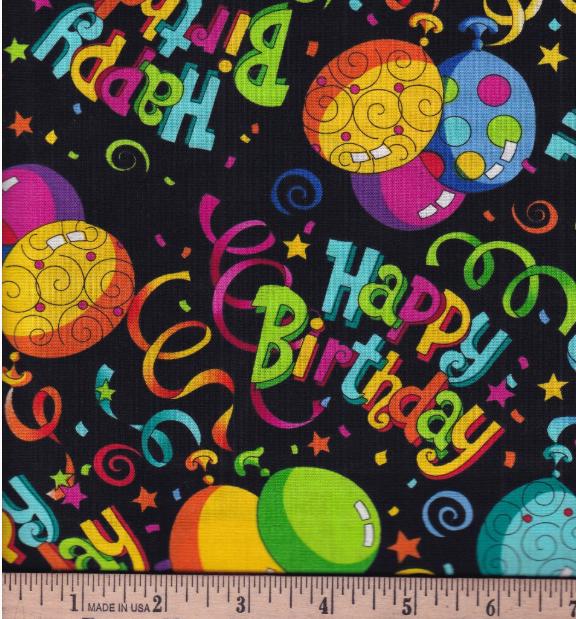 Hi Fashion Fabrics Birthday Party Cotton Fabric - Black-party -fabric100% Cotton - Happy Birthday