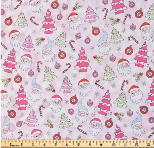 Retro Pink Christmas Cotton fabric-  100% Cotton - Continuous Cuts