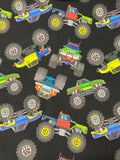 Monster Trucks on Black Fabric 100% Cotton -Continuous Cuts - Drewie Pie Fabrics Exclusive print Planes, Trains, Trucks