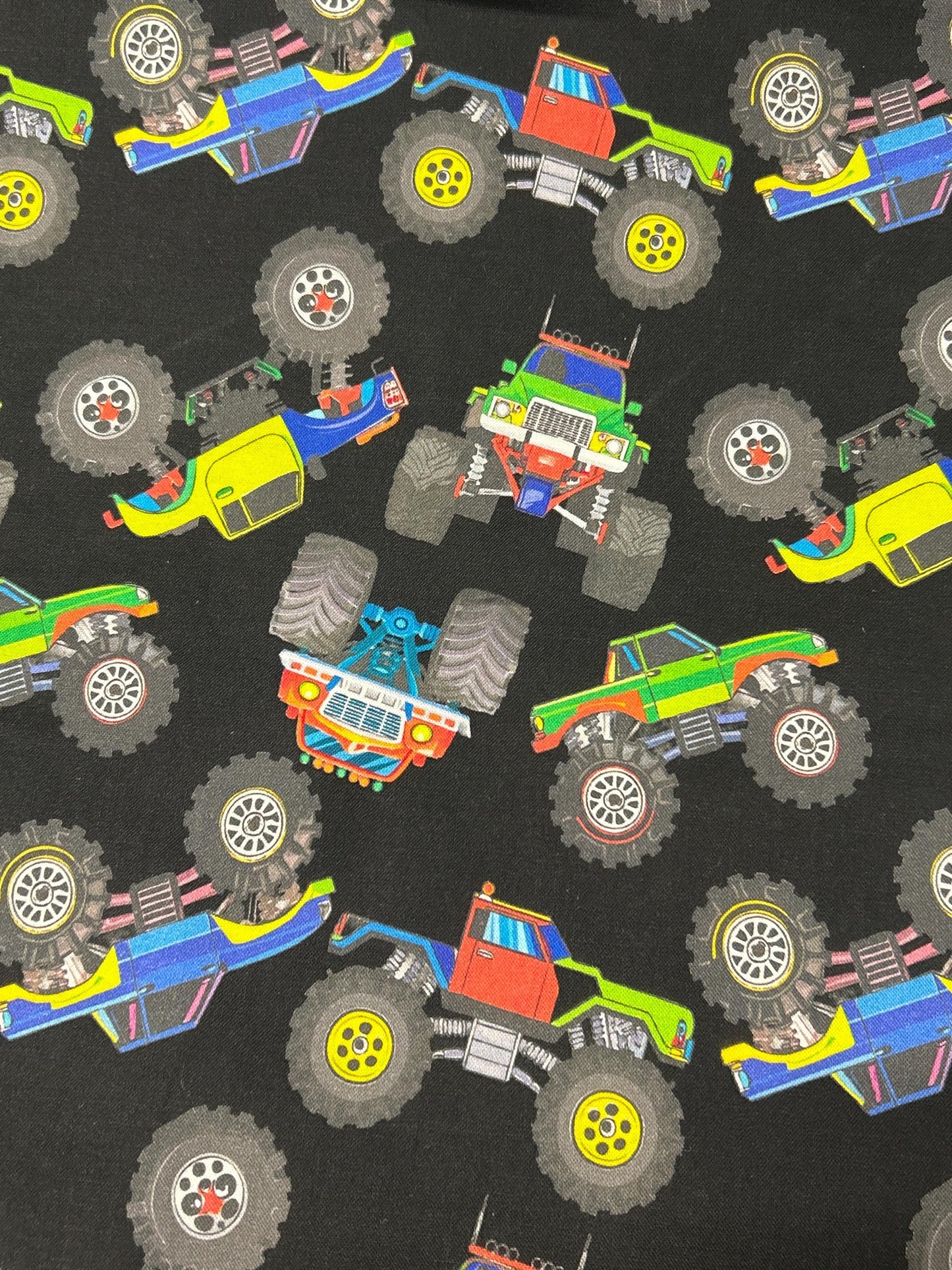 Monster Trucks on Black Fabric 100% Cotton -Continuous Cuts - Drewie Pie Fabrics Exclusive print Planes, Trains, Trucks