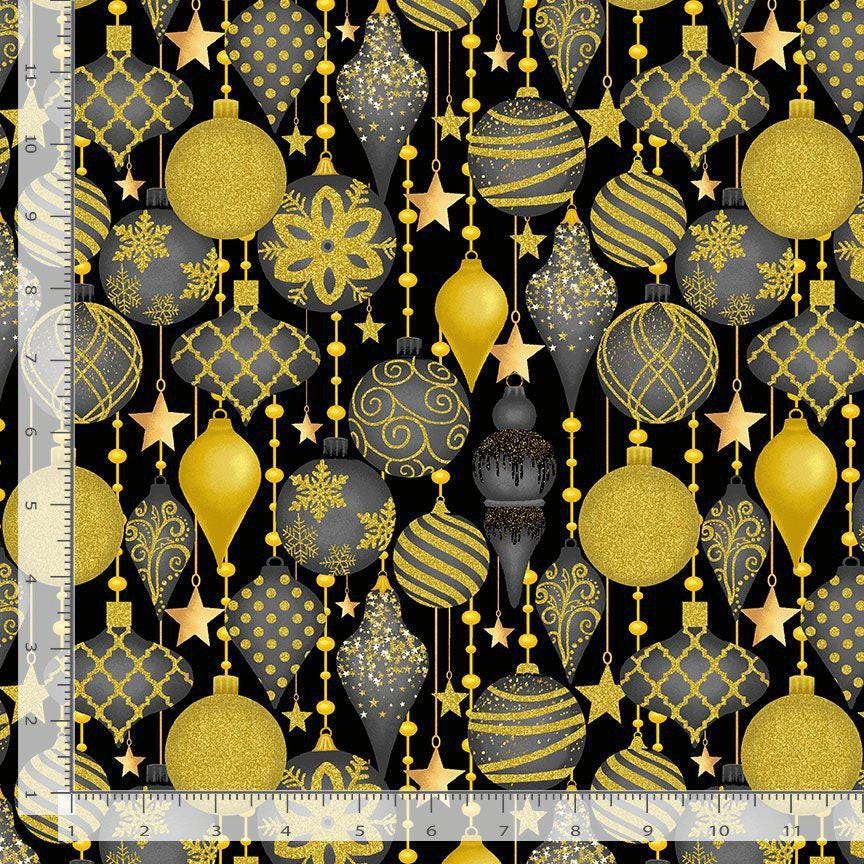 Gold Ornaments on Black with Metallic Accent 100% Cotton Fabric- continuous cuts TT-Holiday CM3622 Black -Christmas Ornaments Metallic