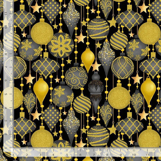 Gold Ornaments on Black with Metallic Accent 100% Cotton Fabric- continuous cuts TT-Holiday CM3622 Black -Christmas Ornaments Metallic