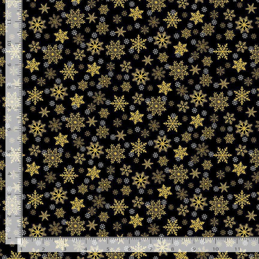 Gold Snowflakes on Black with Metallic Accent 100% Cotton Fabric- continuous cuts TT-Holiday CM3627 Black - Metallic Snowflakes